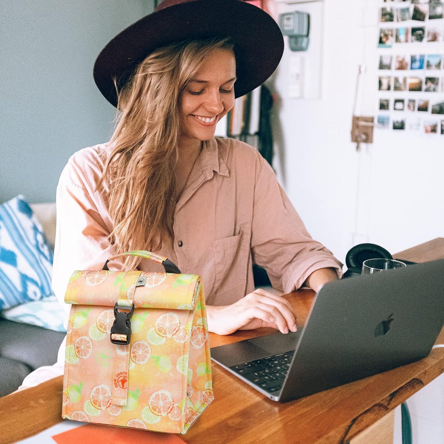 SUNNY BIRD Insulated Lunch Bag Rolltop Lunch Box Tote Bag for Women, Men, Adults and Teens (Grapefruit Pink)