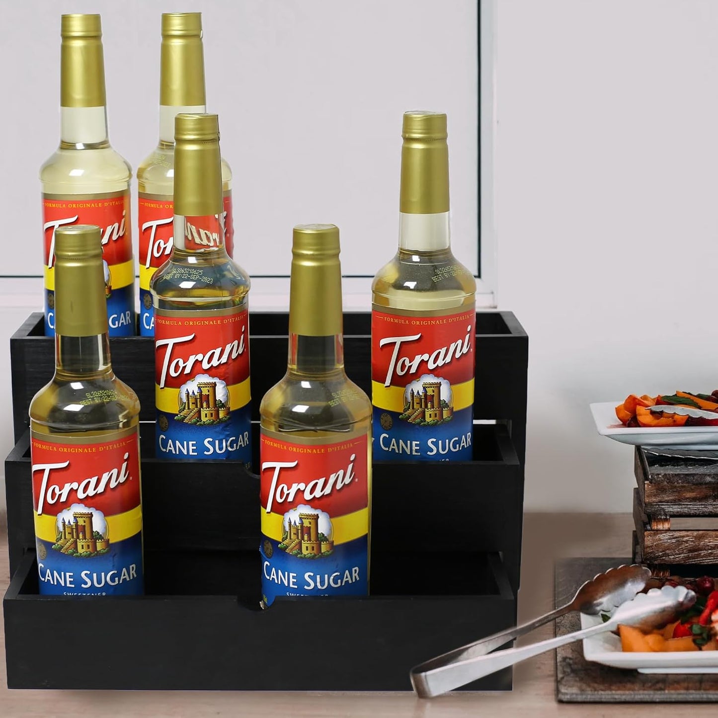 Black Wood Coffee Syrup Rack Organizer, 3-Tier Separated Bottle Holder for Coffee Bar, 12 Bottle(750ml) Storage Stand for Syrup, Wine, Dressing