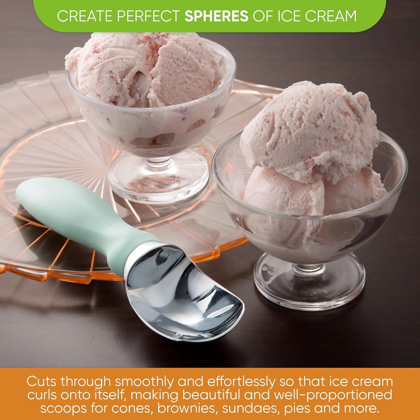 Spring Chef Heavy Duty Ice Cream Scoop with Comfortable Handle, Premium Ice Cream Scooper for Cookie Dough, Frozen Yogurt, Gelato, Sorbet, Melon - Dishwasher Safe Kitchen Tools - 2 Pack - Mint