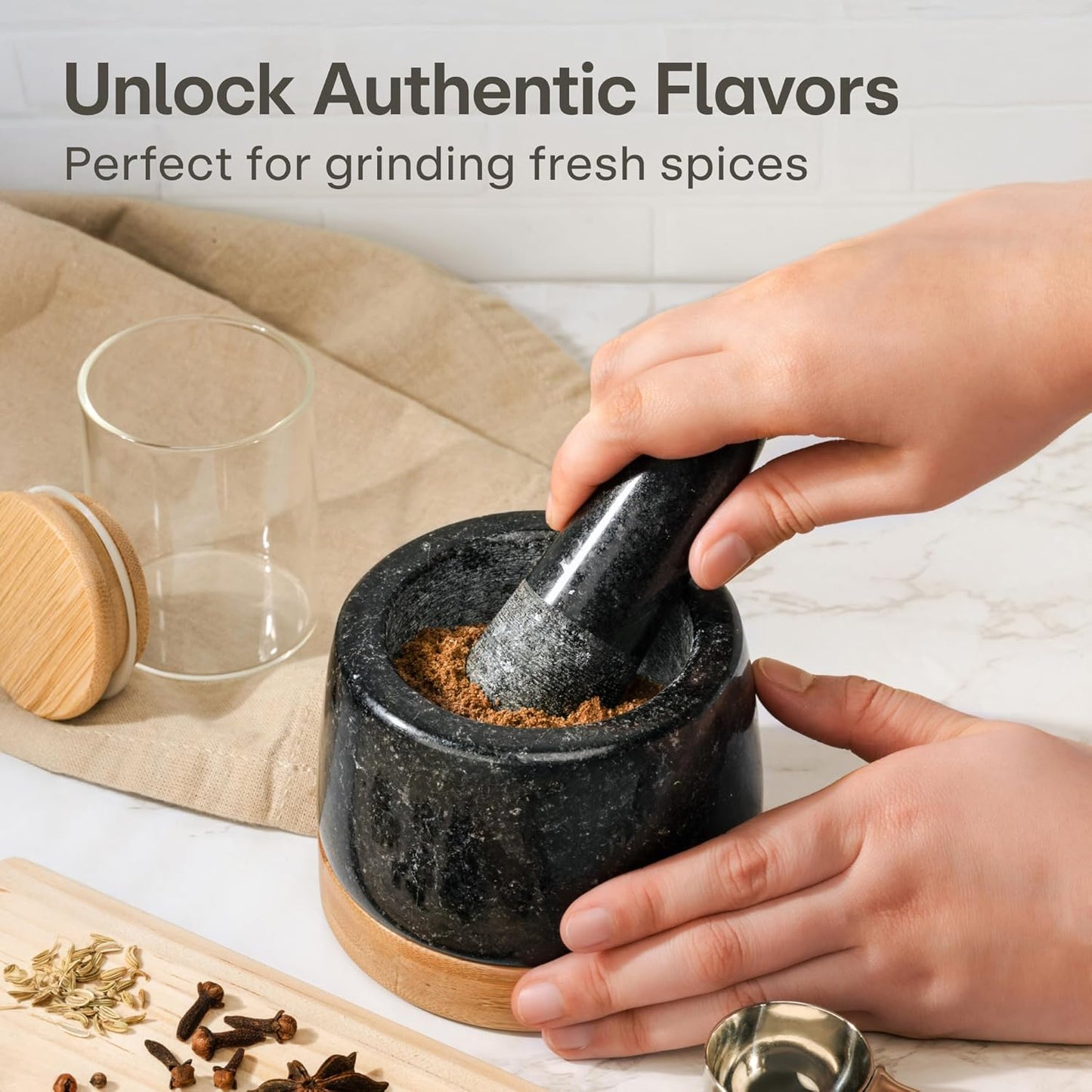 Mortar and Pestle Set Small - Heavy-Duty 1 Cup Stone Grinder for Spices, Herbs & Guacamole - Durable Granite - Non-Slip Wooden Base - Effortless Grinding & Easy to Clean