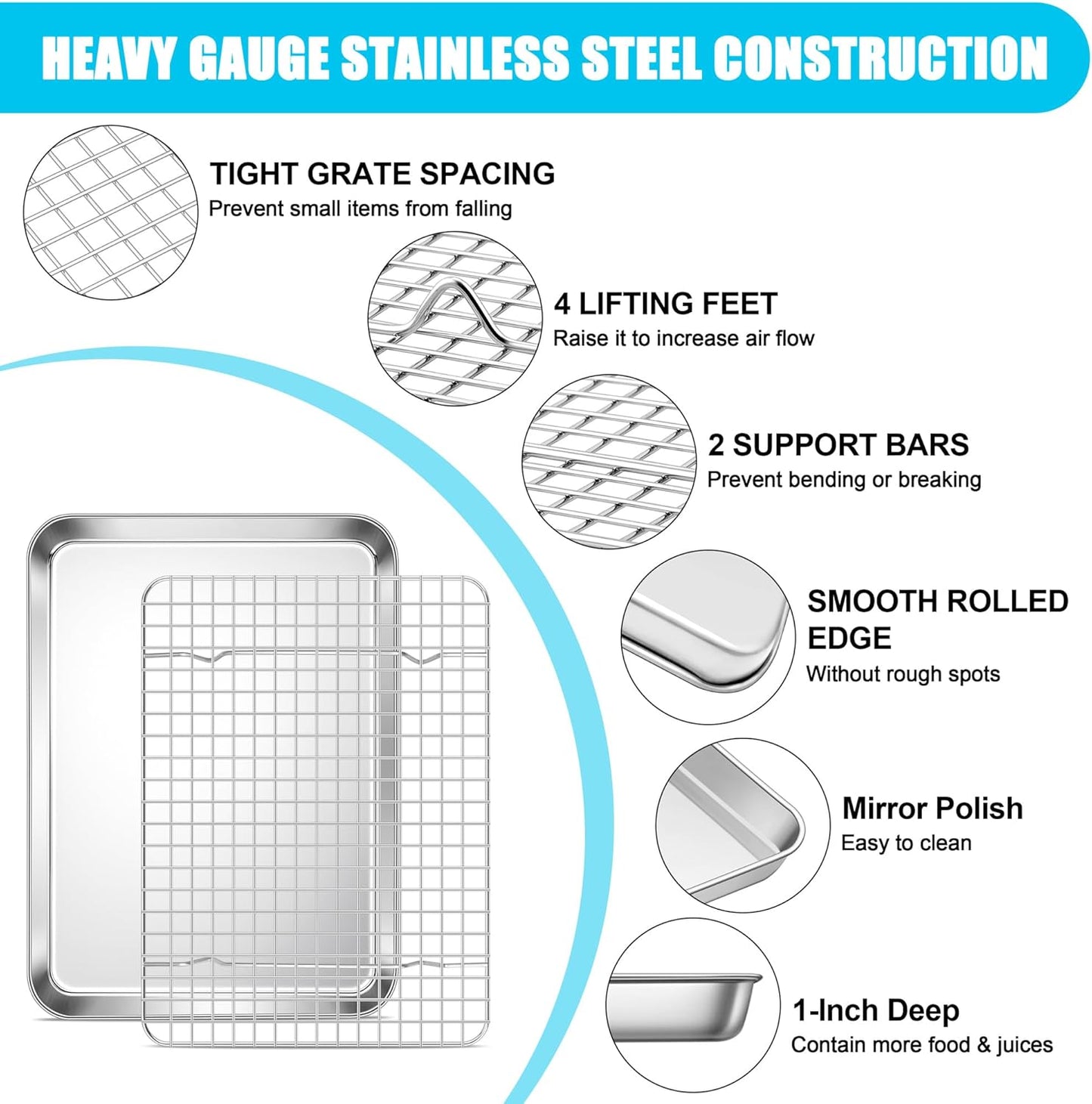 E-far Stainless Steel Baking Sheet with Wire Rack Set, 12.5” x 9.7” Cookie Sheet Broiling Pan for Oven, Rimmed Metal Tray with Cooling Rack for Cooking Roasting, Non-Toxic & Dishwasher Safe