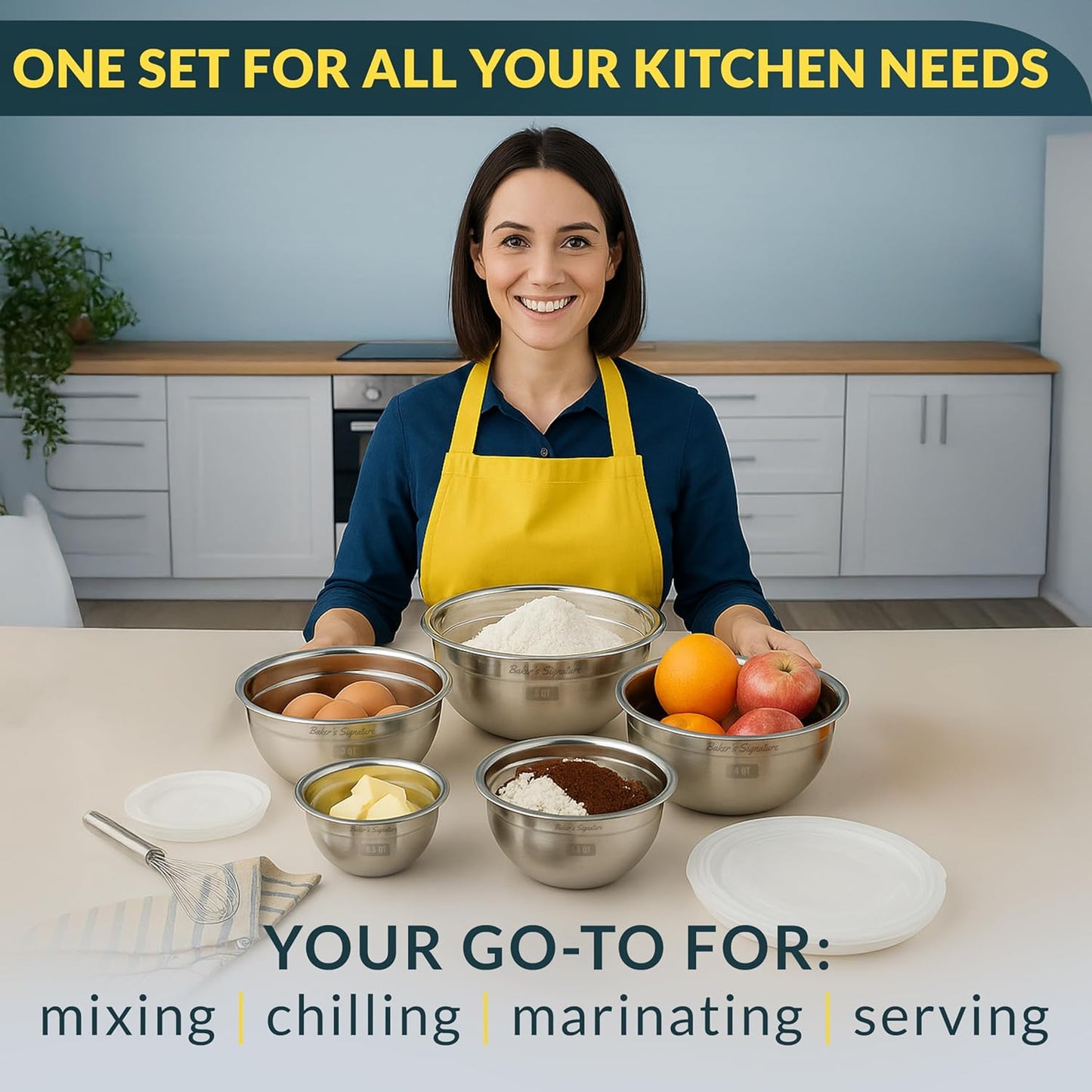 Baker's Signature Stainless Steel Mixing Bowls With Lid, Metal Mixing Bowl Set Of 5, Nesting Set For Food Prep, Baking,Storage, Cooking, Serving | Dishwasher Safe, 0.5/1.5/3/4/5 Qt