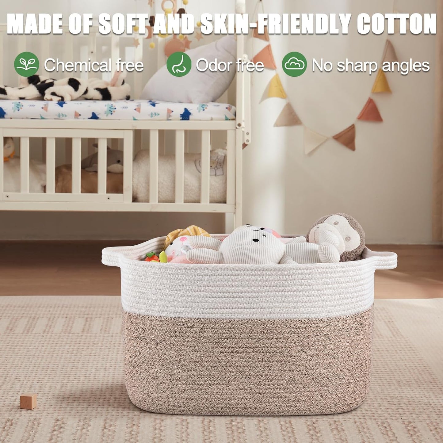 65L Large Storage Basket, Cotton Rope Woven Blanket Basket, Toy Storage for Baby Room, Living Room, Brown & White