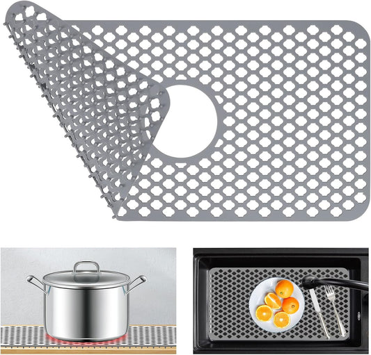 Kitchen Sink Protectors, 24x12 Heat Resistant Mat for Stainless/Porcelain Sink, No-Slip Grid (Grey)