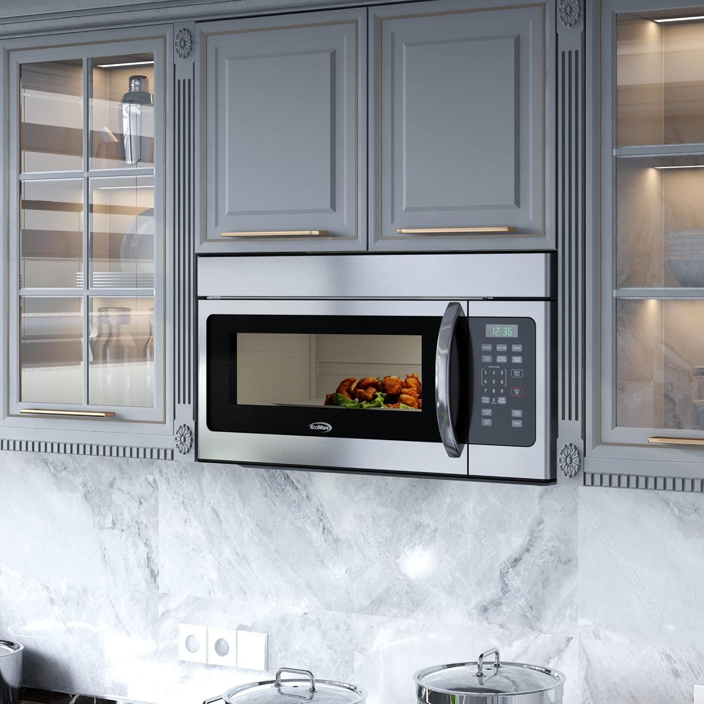 KoolMore KM-MOT-1SS Range Microwave Oven Lamp and 300CFM Recirculation Vent Hood, Auto Cook Menus, Reheat Function, 10 Power Levels, Timer, and Weight Defrost, 30 in/1.6 Cu. Ft, Silver