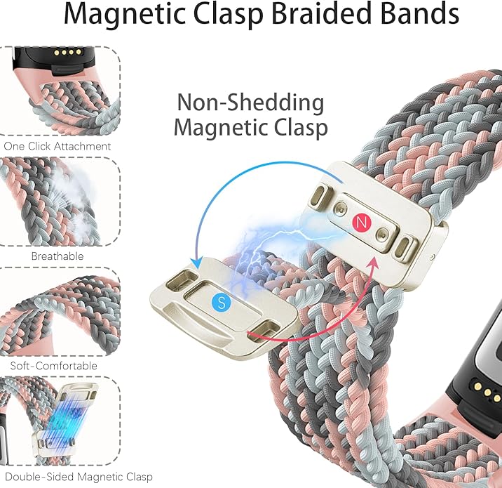 Magnetic Braided Nylon Compatible with Fitbit Charge 6 Bands/Fitbit Charge 5 Bands for Women Men, Soft Sport Stretchy Breathable Strap Replacement Wristband for Charge 6/Charge 5