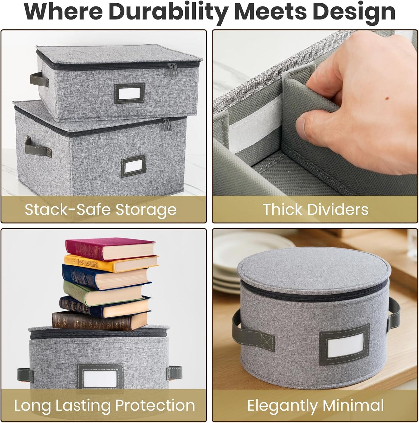 HOMELUX THEORY Flatware Storage Hard Shell China Storage Containers - Light Gray Silverware Organizer, Cutlery & Silverware Storage Box with 5 Dividers & Lid, Heavy Duty Moving Box with Handles