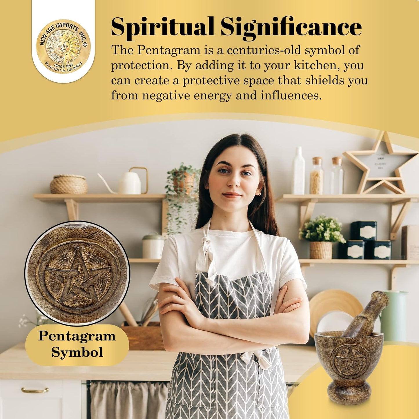 Pentagram Design Wooden Mortar & Pestle Set - Herb Grinder, Pill Crusher, Molcajete 4 inch High by 4" inch wide top, base 2.5" inch Dual Side Pentacle Design Handcarved by New Age Imports, Inc.