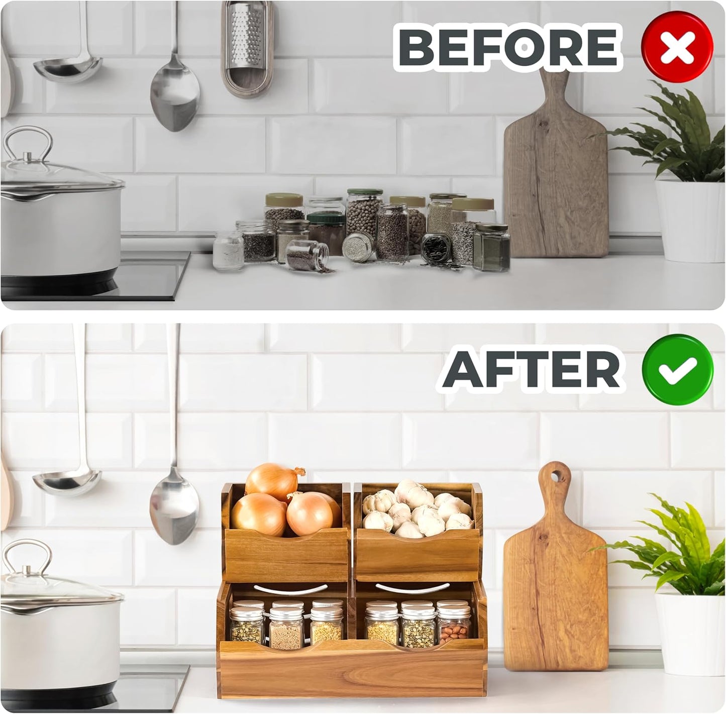 Acacia Wood Pantry Storage Bins - Stackable Open Front Kitchen Baskets with Airflow Vent for Potato, Onion, Fruit, Vegetable, and Bread Storage, Wood Organizer for Pantry and Countertop