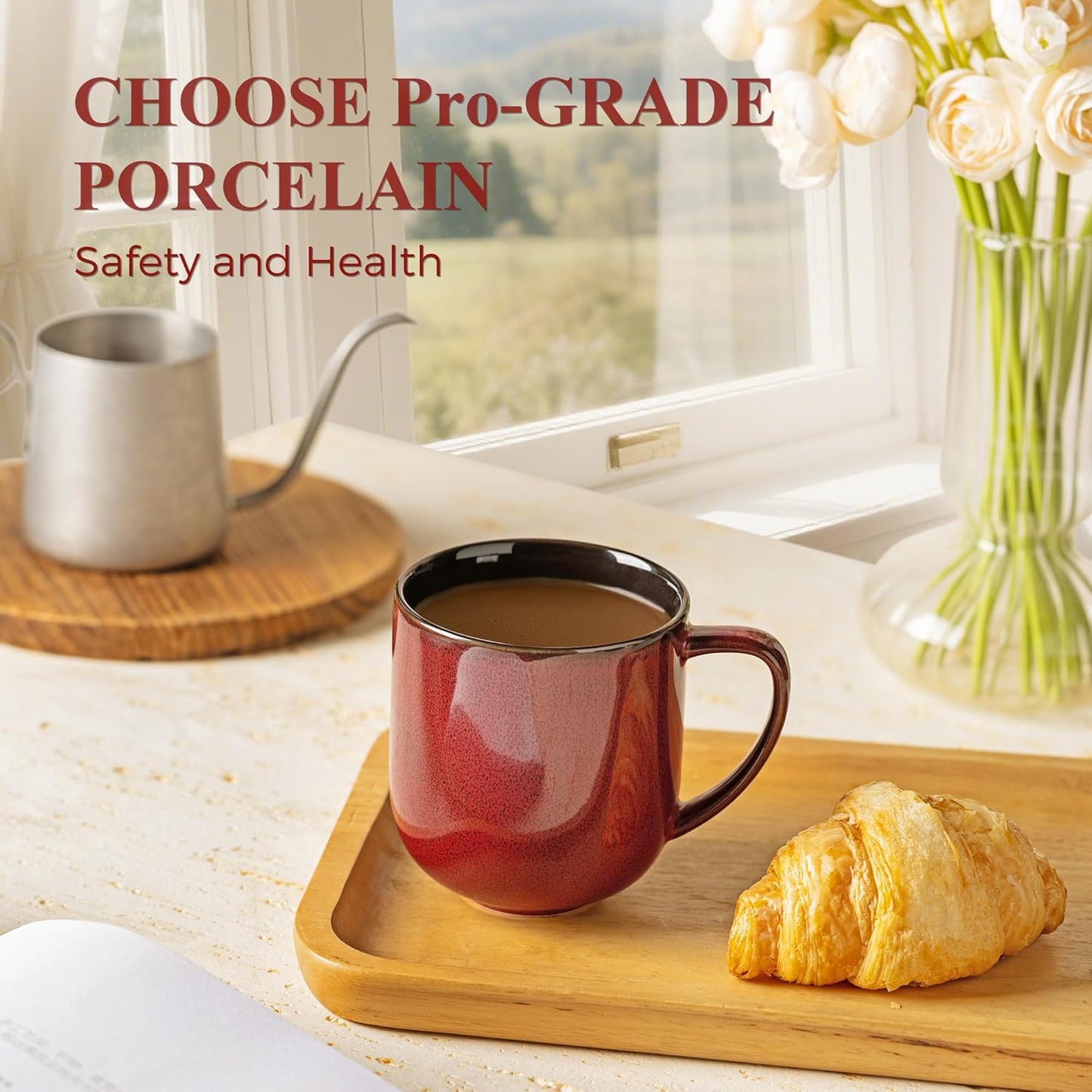 LERATIO 12OZ Ceramic Coffee Mugs Set of 6, Large Porcelain Coffee Cups With Large Handle For Latte,Cappuccino,Milk,Cocoa,|Dishwasher&Microwave Safe Mug Sets,Ideal for Man,Woman,Dad, Mom-Red