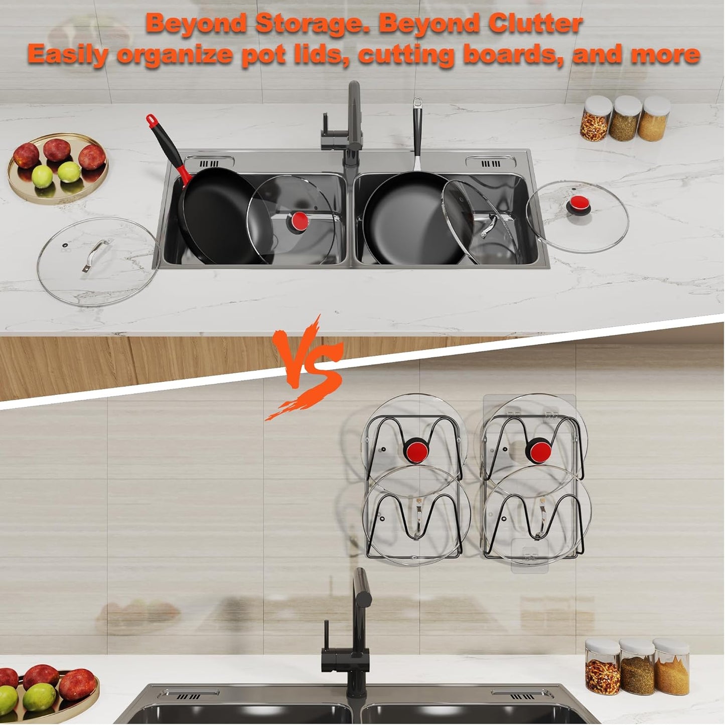 2 Pack Pot-Lid-Organizer, 4-Tier Pots and Pans Lid Organizer Under Cabinet, No Drilling, Rustproof, Lid-Organizers-Inside-Cabinet for Small-Space-Solution & Kitchen Cabinet Organization