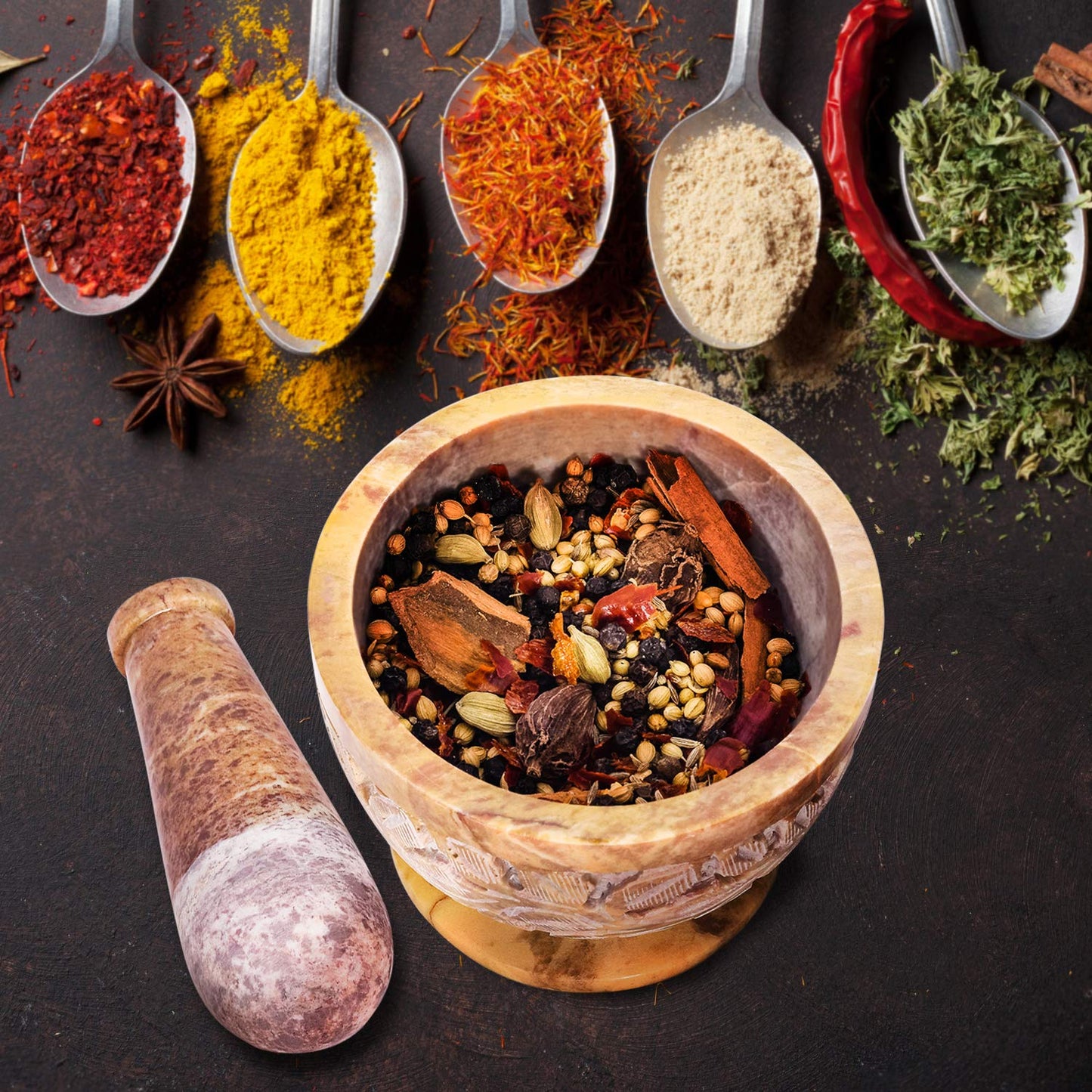 Mortar and Pestle, Made of Heavy Duty Polished Hard Stone, Natural Stone Grinder for Spices, Pastes, Herbs, Seasoning etc. (Mix Color with Engraving)