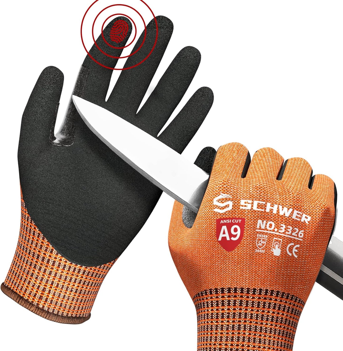 Schwer ProGuard Highest Level Cut Resistant Work Gloves PR3326 for Extreme Protection，ANSI A9 Cut Gloves with Reinforced Thumb, Non Slip, Breathable, Durable, Touch-screen, Non PFAS, Orange1 Pair（S）