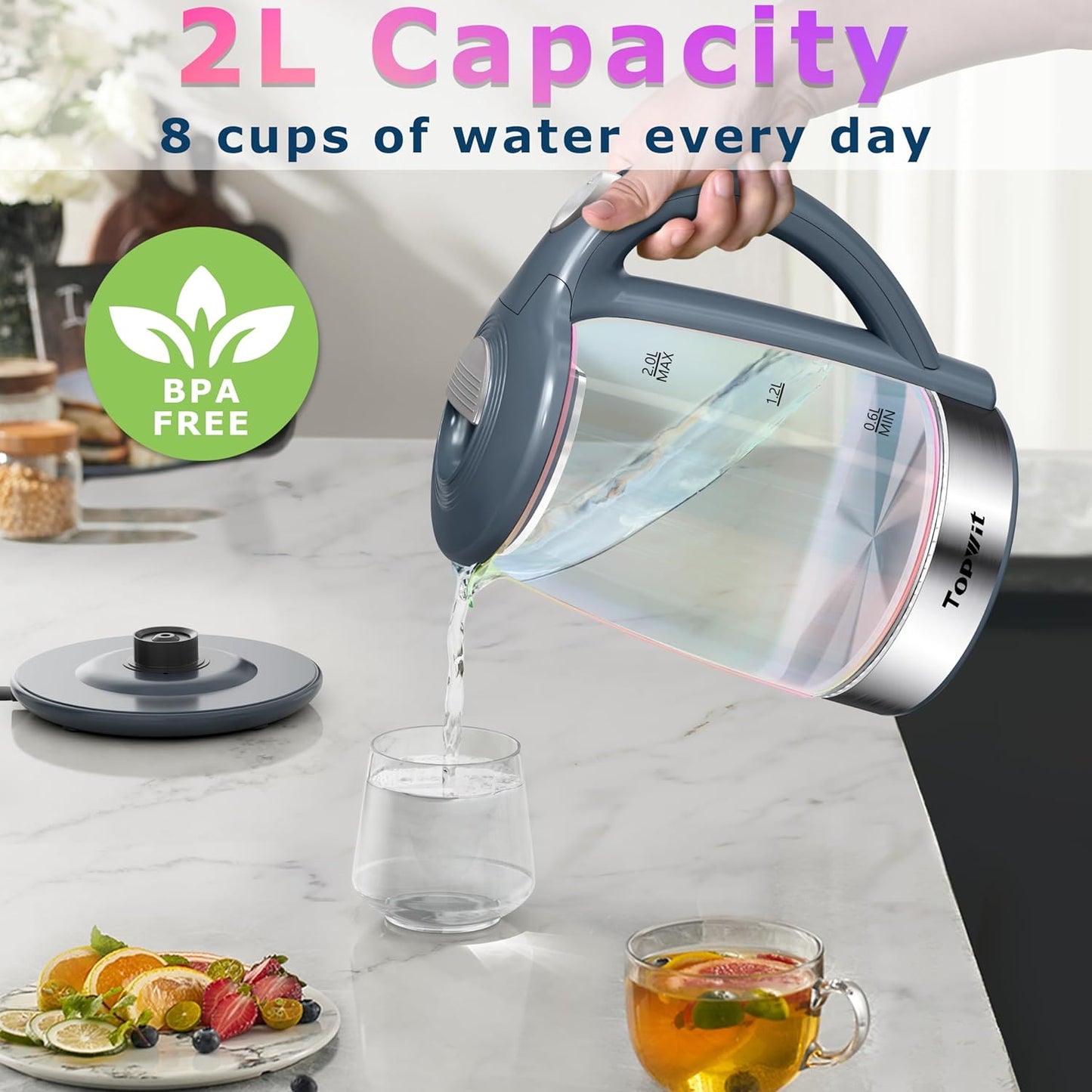 TOPWIT Electric Kettle, Colorful Glass Tea Kettle, 2.0L Hot Water Kettle Electric, BPA-Free Stainless Steel Lid & Bottom, Electric Kettles for Boiling Water, Auto Shut-Off & Boil Dry Protection, Grey