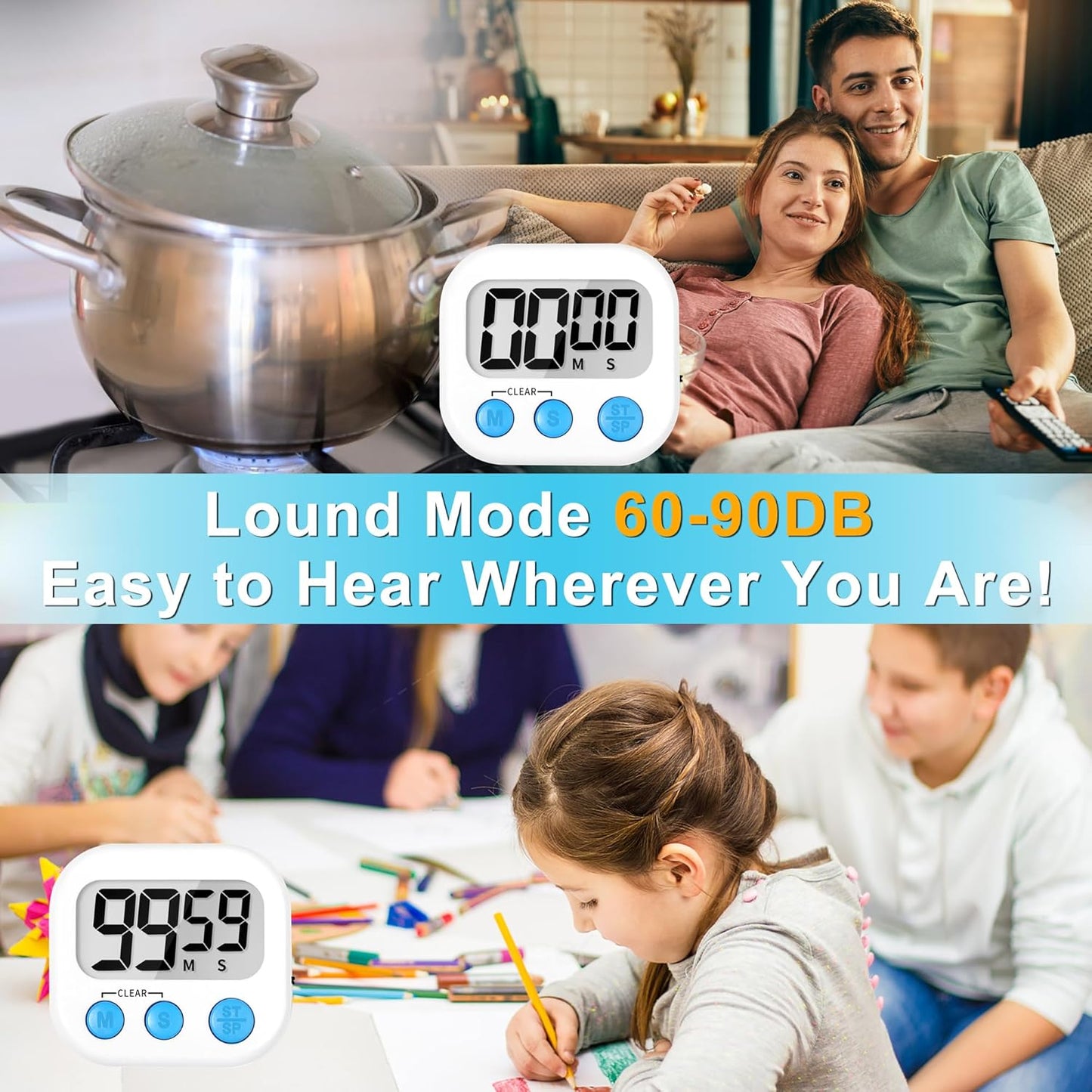 ZILLEEN Kitchen Timer Digital with Magnetic Back for Kids Classroom, White 12 Pack