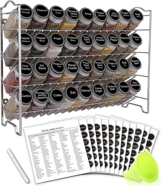 SWOMMOLY Spice Rack Organizer with 36 Empty Square Spice Jars, 396 Spice Labels with Chalk Marker and Funnel Complete Set, for Countertop, Cabinet or Wall Mount,Silver