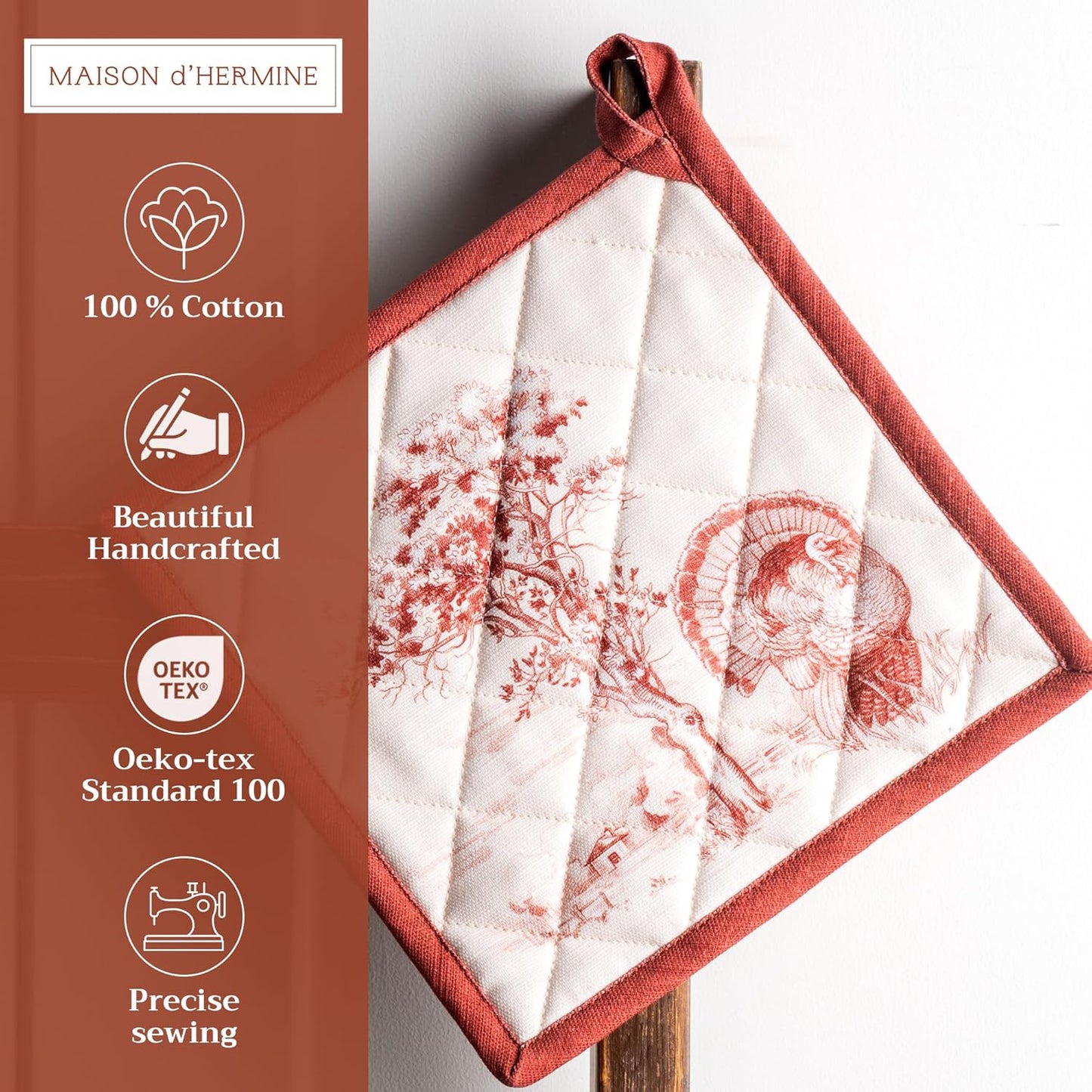 Maison d' Hermine Pot Holders Set 100% Cotton Heat Resistant Potholders 8" x 8" Hot Pads with Loop BBQ, Cooking, Baking, Grilling, Kitchen, Handling Hot Pans (Pack of 2, Holy Jouy - Red)