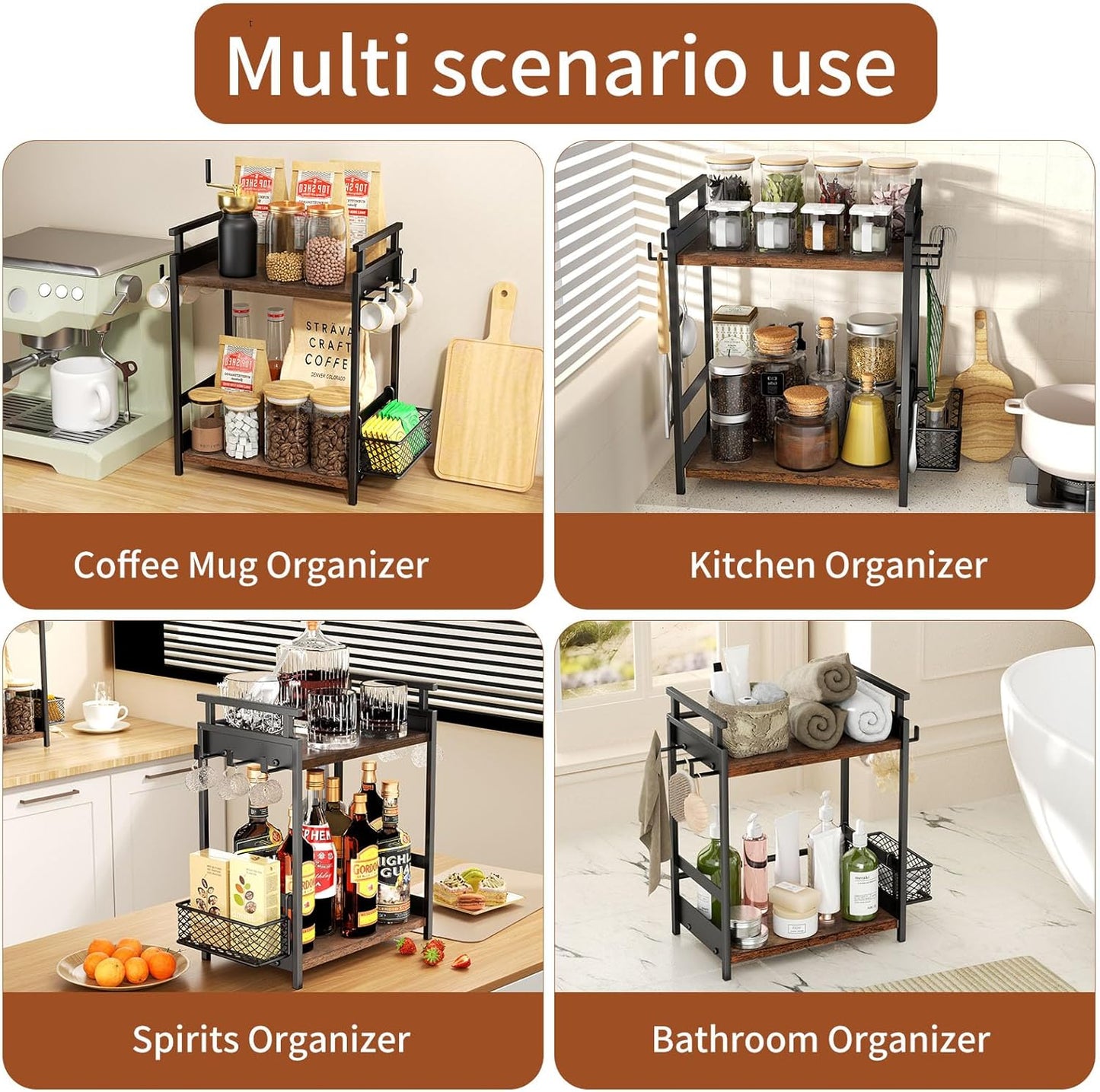 KLM 2 Tier Coffee Bar Organizer for Home Office, Spice Rack for Countertop, Kitchen Counter Storage Shelf with Hanging Basket, Coffee and Tea Condiment Station Organizer