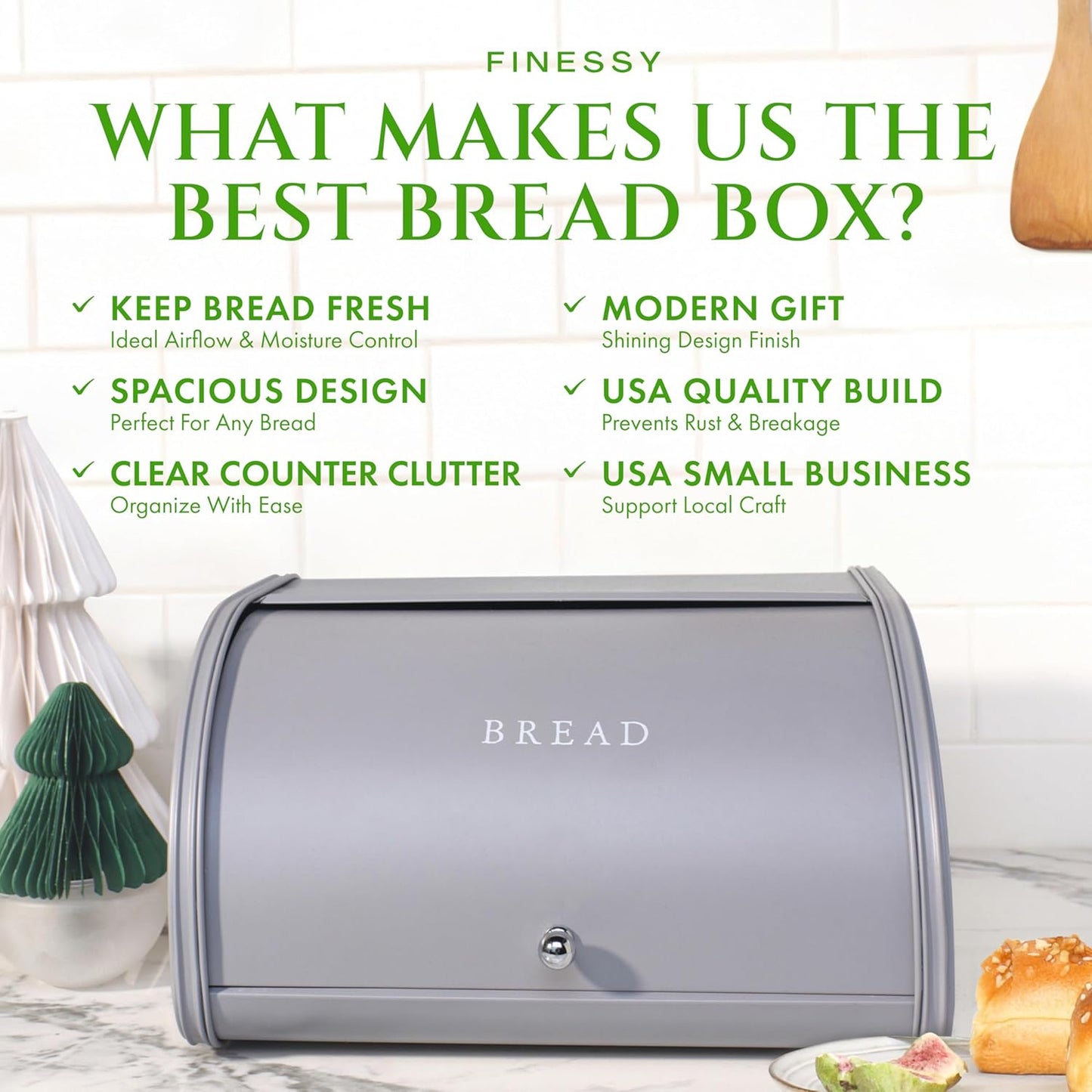 FINESSY Modern Metal Bread Box for Kitchen Countertop, Farmhouse Homemade Loaf Bread Storage Bin Holder for Kitchen Counters Organizer, Airtight Roll Top Sourdough Corner Breadbox Container Keeper