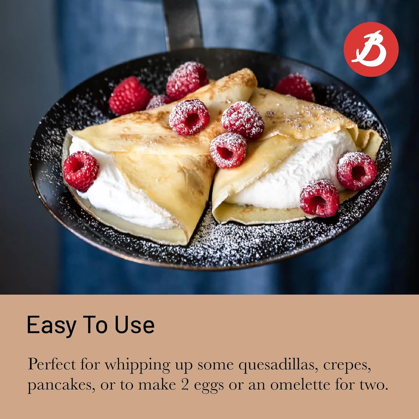 De Buyer Blue Carbon Steel Crepe & Tortilla Pan - 8” Diameter, 7.5” Cooking Surface - Ideal for Making & Reheating Crepes, Tortillas & Pancakes - PFAS, PFOA & PFOS Free - Made in France