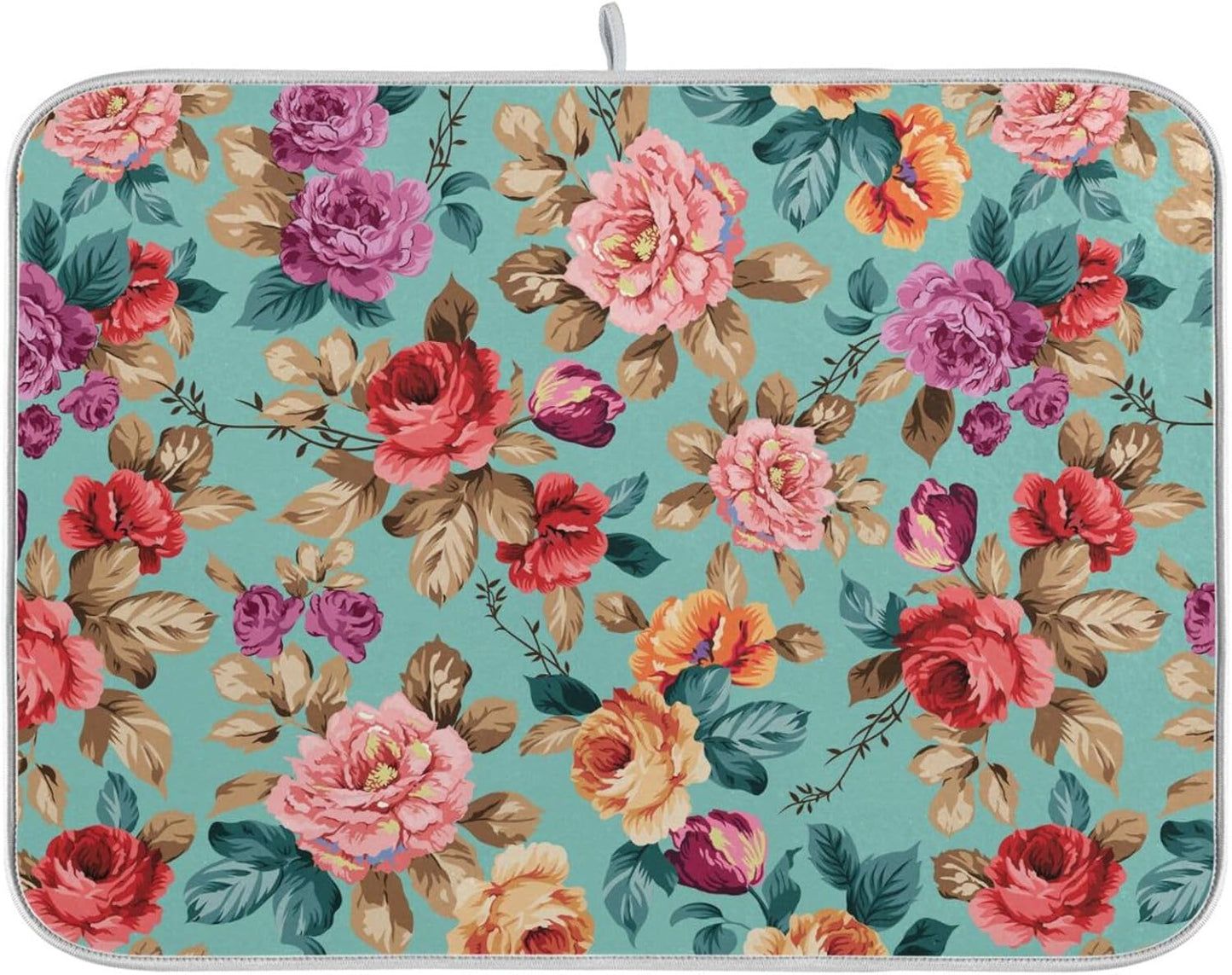 Colorful Flower Leaves Dish Drying Mat for Kitchen Counter Absorbent Microfiber Drying Pad, Medium 16x18 in, Reversible Drainer Mats