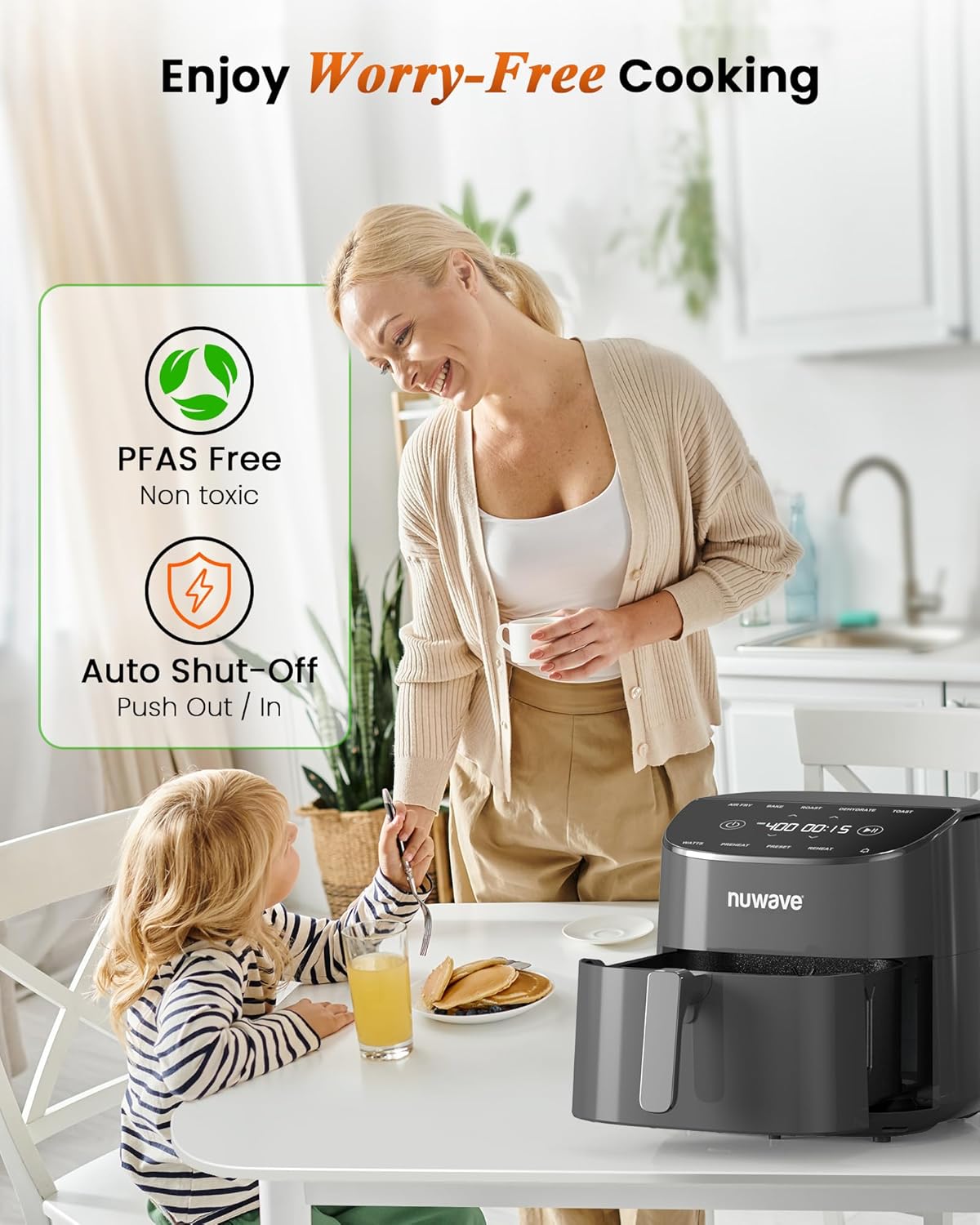Nuwave Brio Plus Air Fryer 8 Qt, New & Improved, PFAS-FREE, 7 Digital One-Touch Cook Functions that AIR FRY, BAKE, ROAST, DEHYDRATE, TOAST, REHEAT, PREHEAT, 150 Presets, 50°F~400°F (Cool Gray)