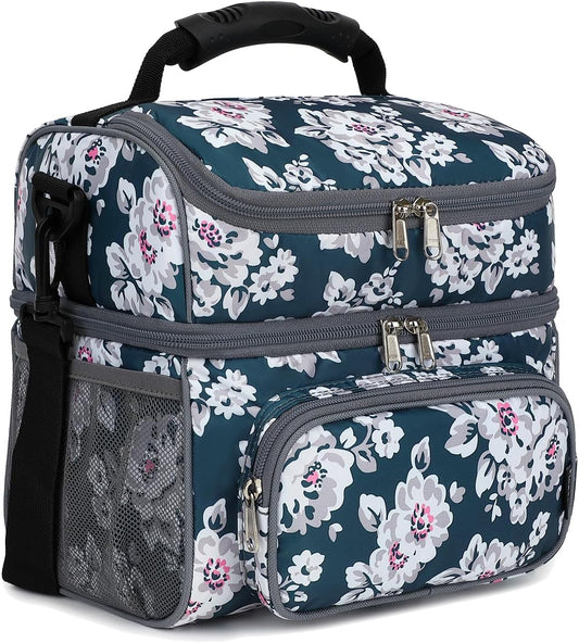 FlowFly Double Layer Cooler Insulated Lunch Bag Adult Lunch Box Large Tote Bag for Men, Women, With Adjustable Strap,Front Pocket and Dual Large Mesh Side Pockets