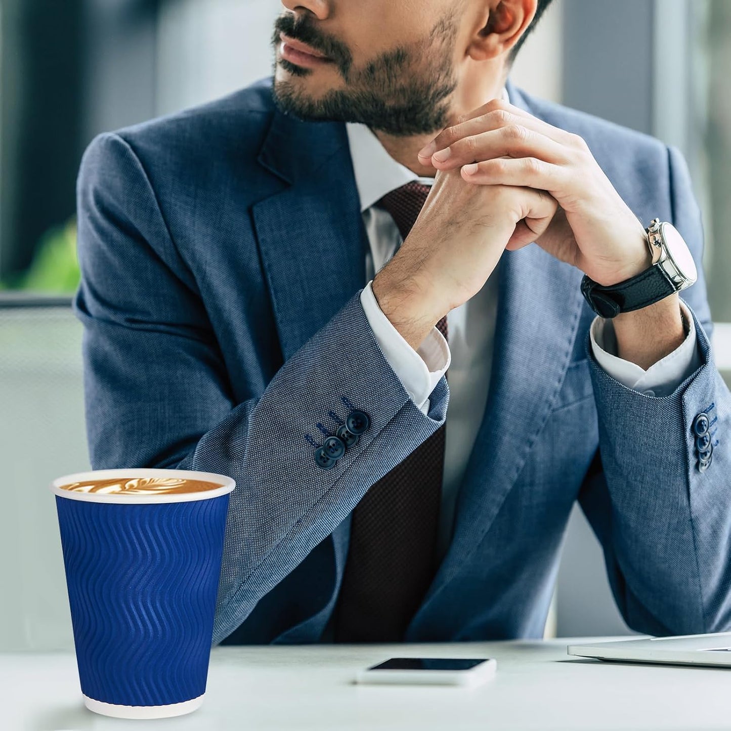 JollyPack 60 Pack 12 oz Paper Coffee Cups, Blue Disposable Beverage Cups with Insulated Ripple Wall for Coffee, Tea, and Hot Chocolate