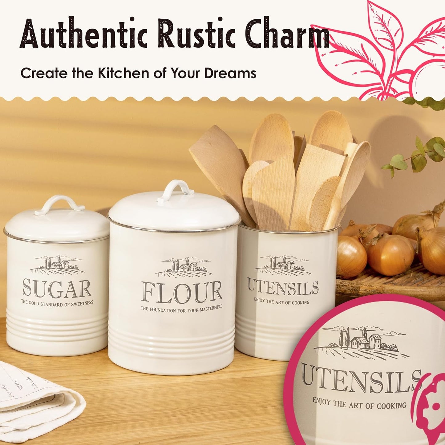 Kitchen Canisters for Countertop – Set of 5 White Canister Sets for the Kitchen Counter - Sugar and Flour Airtight Containers - Rustic Farmhouse Storage