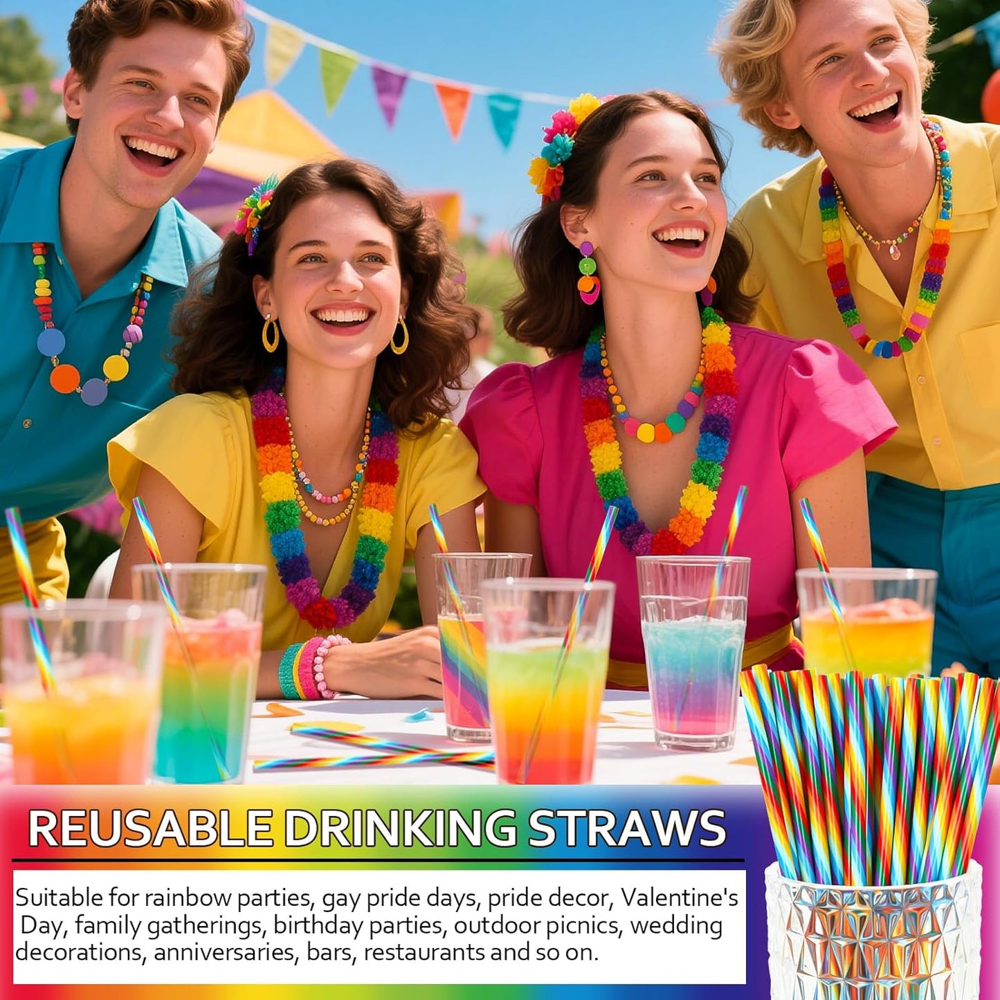 JANYUN 30 Pieces Rainbow Drinking Straws, 9inch Hard Platic Reusable Straws LGBT Gay Pride Colorful Rainbow Striped Straw for Pride Party Favors Decorations with Cleaning Brush