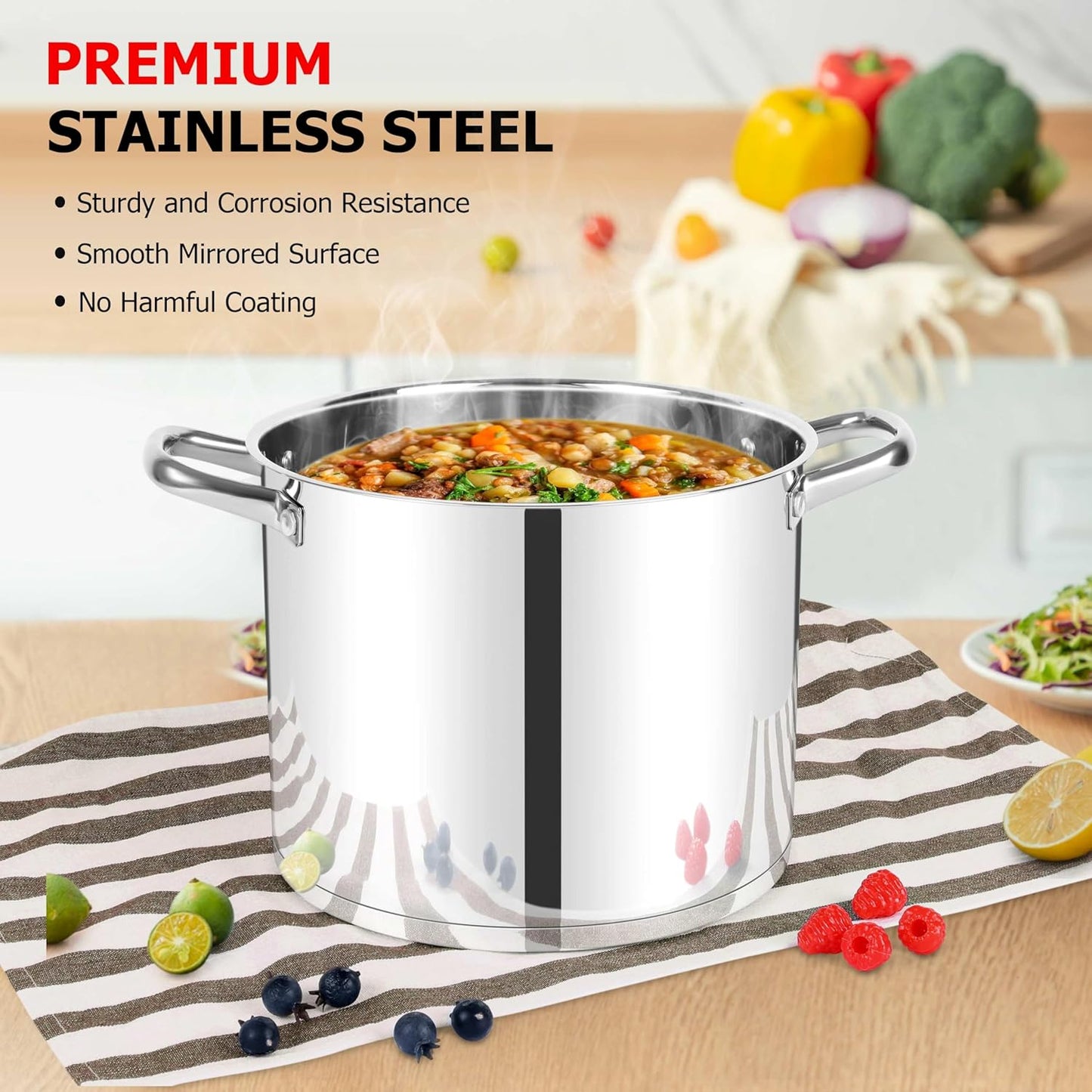 LIANYU 10 Quart Pot with Lid, 10 QT Tri-ply Stainless Steel Stockpot, Heavy Duty Deep Canning Soup Cooking Pot for Gas, Electric, Stoves, Induction, Riveted Handles, Dishwasher Safe