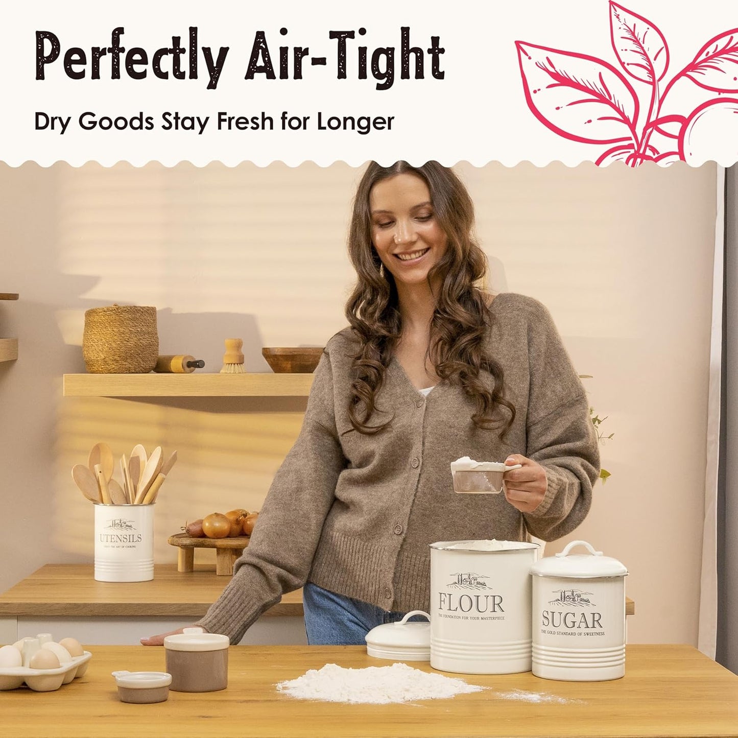 Kitchen Canisters for Countertop – Set of 5 White Canister Sets for the Kitchen Counter - Sugar and Flour Airtight Containers - Rustic Farmhouse Storage