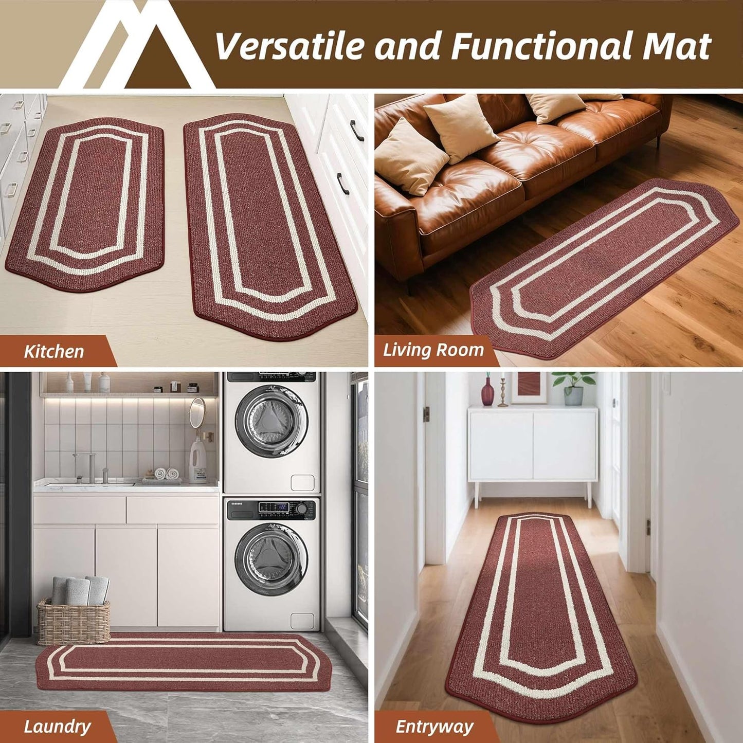 COSY HOMEER Long Kitchen Floor Mats for in Front of Sink Super Absorbent Kitchen Rugs and Mats 24"x59" Non-Skid Kitchen Mat Standing Mat Washable,Polypropylene,Red,Frame