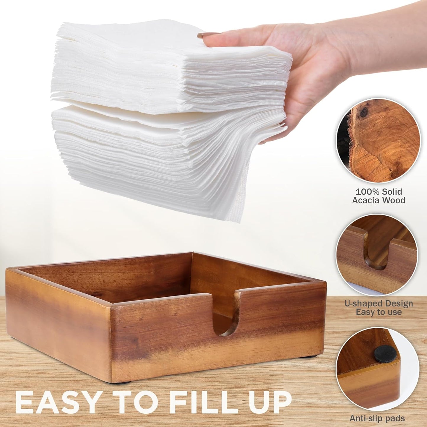 Acacia Lunch Napkin Holder 7.8 x 7.8 inches for Dining Table and Kitchen – Napkin Dispenser Made from Brown Acacia Wood – Premium Quality Feel for Dessert Beverage Party Dinner Luncheon Bar Table