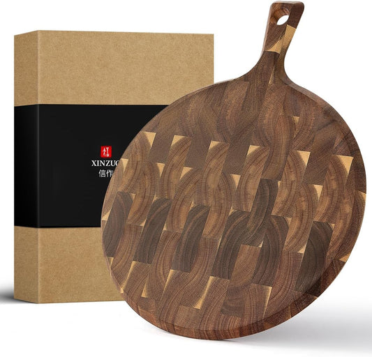 XINZUO Acacia Wood End-Grain Round Cutting Board with Handle for Kitchen Bread Pizza Cheese Fruit Charcuterie Serving Cutting Board, Two-sided Use, 16.7 x 12.5 x 0.75 inches