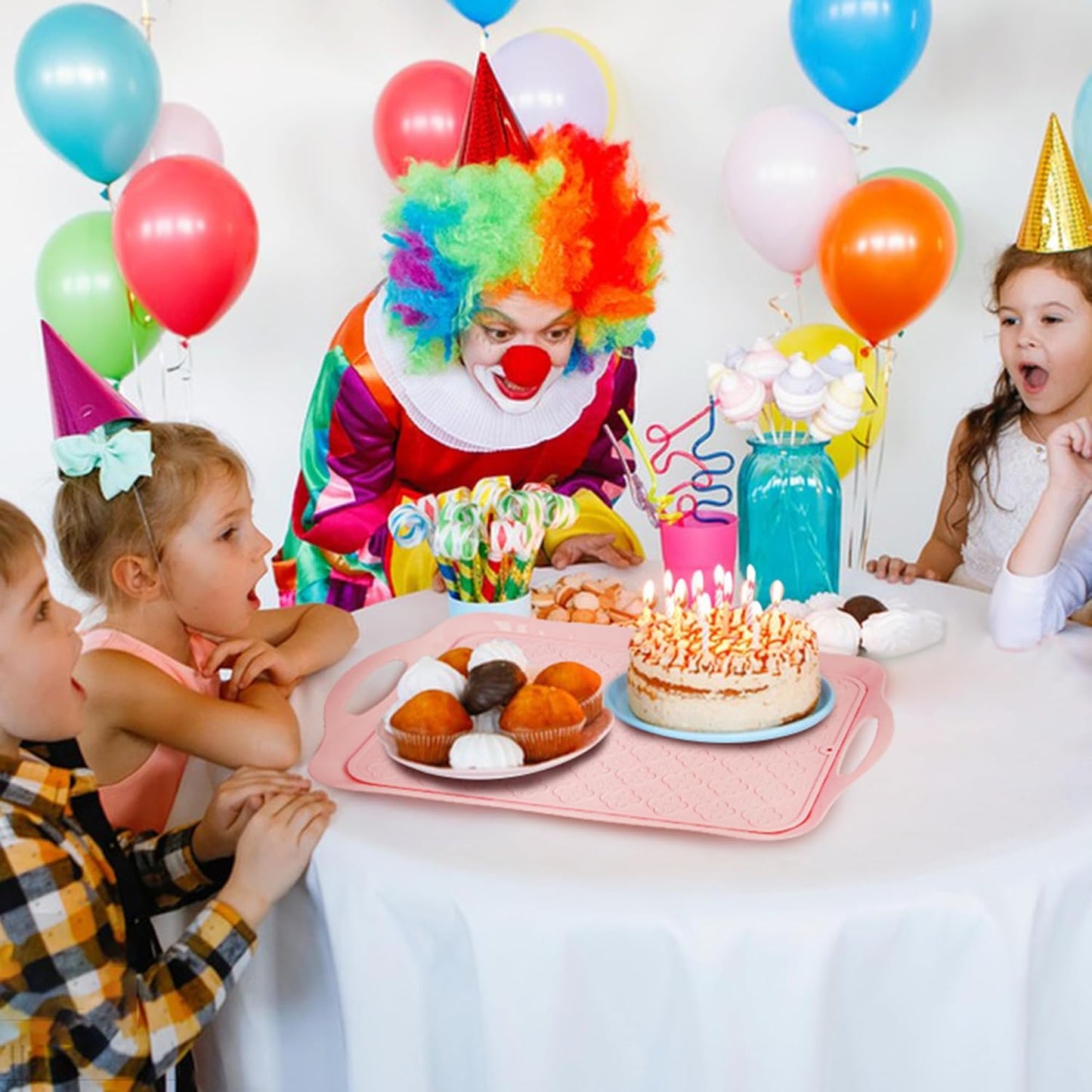 LEHAHA Melamine Serving Tray with Handles, 17.25 x 12 Inch Aesthetic Serving Platters and Trays with Curved Sides, Tray for Lunch, Coffee, or Breakfast, Set of 4, Silicone placemats Included,Pink