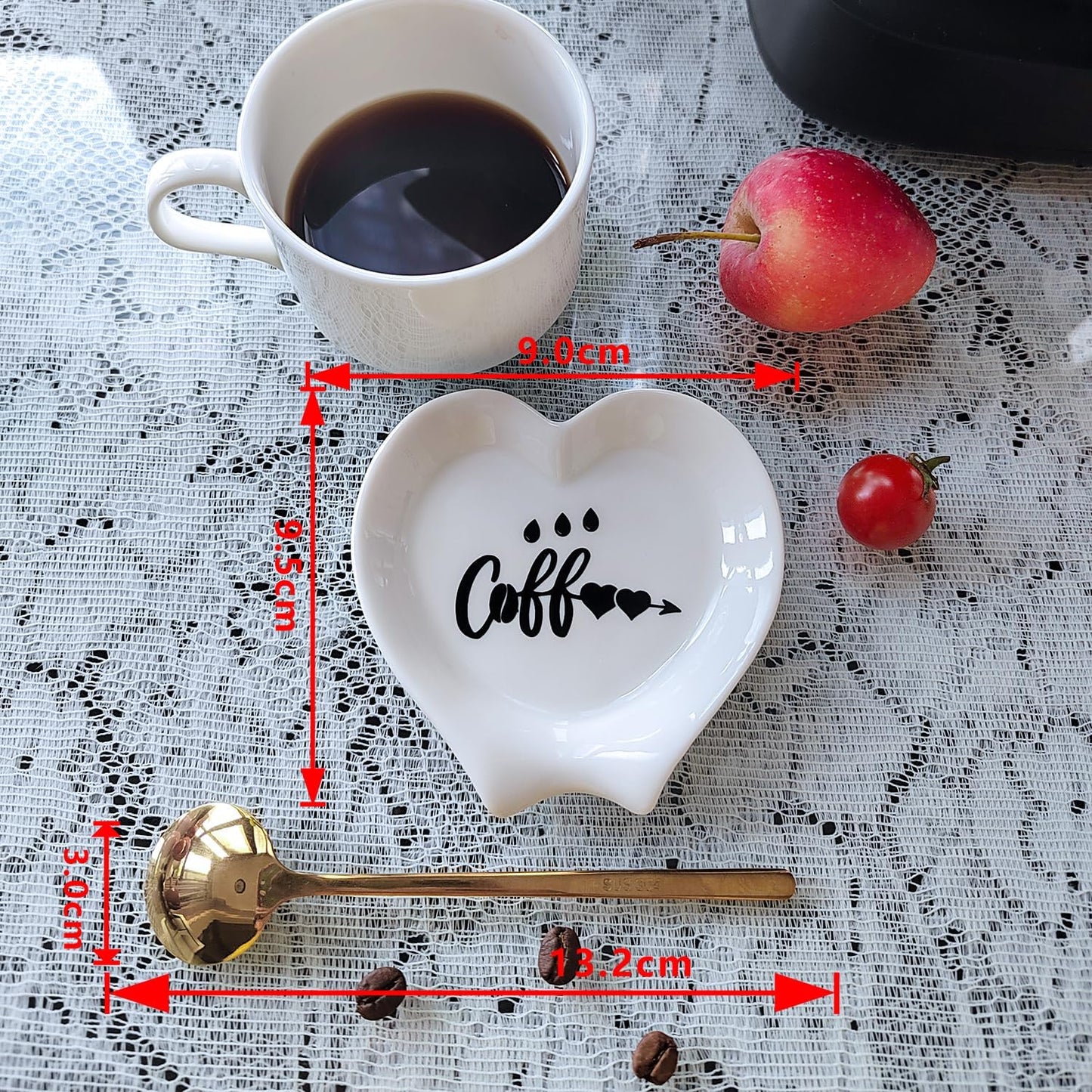 Heart-shaped Coffee Spoon Rest, Mini Coffee Spoon Holder, Coffee Stirrers, Teaspoon, Bar Spoon Rest, Coffee Bar Accessories (Ture white+Gold Spoon)