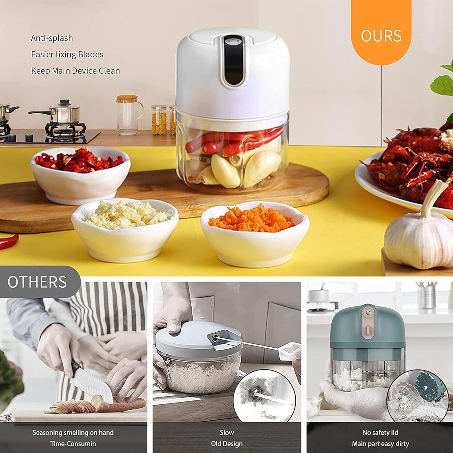 250ML Electric Garlic Chopper, Mini Portable Veggie Chopper, Garlic Grinder Masher Onion Chopper, Blender to Vegetable, Wireless Food Processor for Ginger, Chili, Fruit, Meat, etc