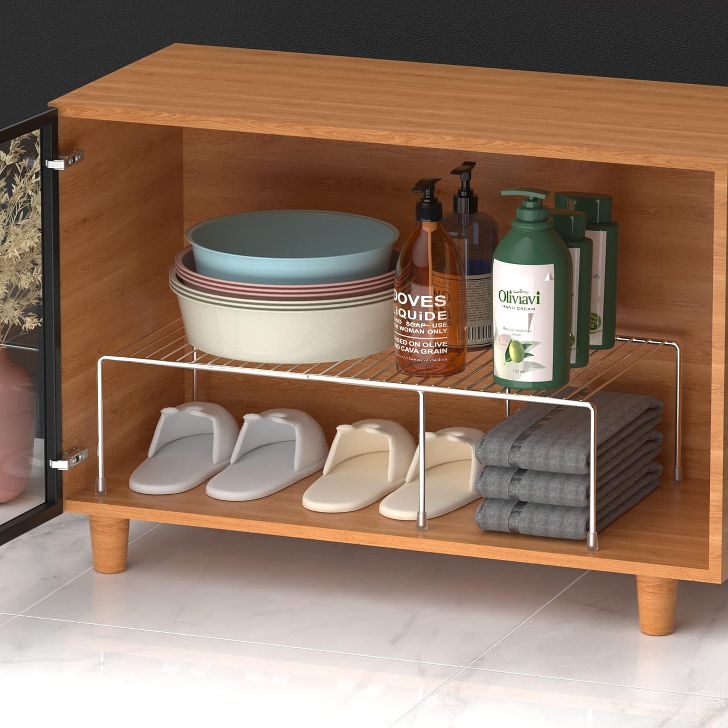 Redrubbit Cabinet Storage Shelf Rack, Expandable Metal Rustproof Kitchen Counter and Cabinet Shelf, Storage Rack Organizer Space Saver for Kitchen, Fridge, Cabinet, Bathroom, Chrome, Set of 6