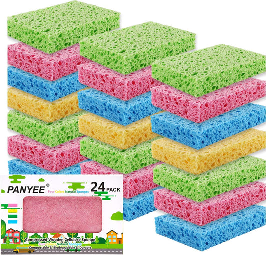 Compressed Cellulose Kitchen Sponges 24Pack,Non-Scratch Biodegradable Natural Sponge Scrub for Dishes Cleaning,Funny Colorful DIY Sponge for Kids