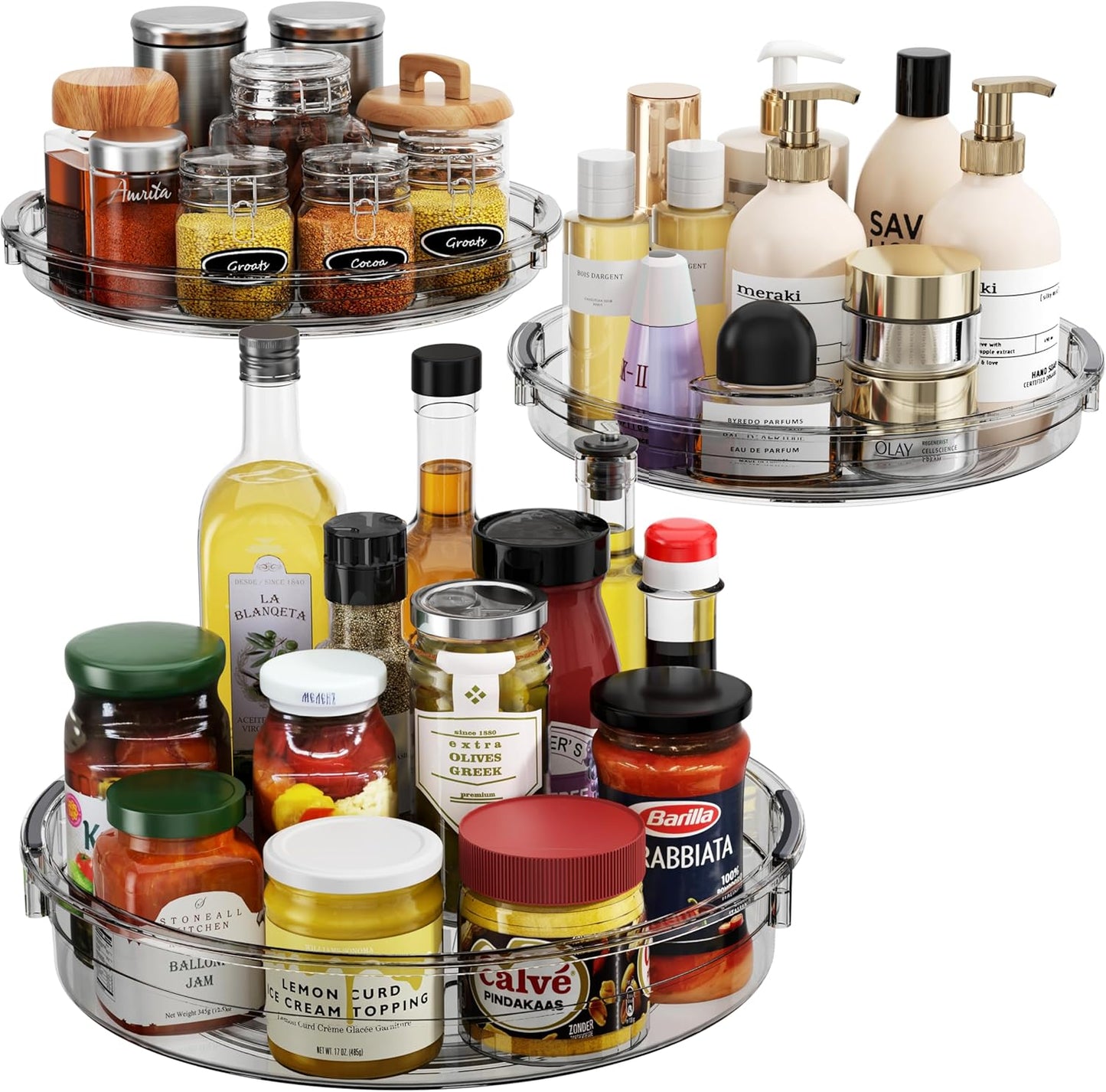 LAMU 3 Pack Lazy Susan Organizer Turntable for Cabinet, Condiment Organizer for Kitchen Pantry Organizers and Storage, Table Top, Fridge, Countertop, Spice Organization, 12'' 10.6'' 9.25'', Grey