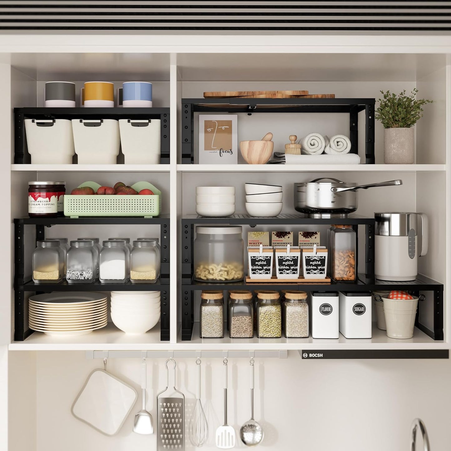 Expandable Spice Rack & Kitchen Cabinet Organizer - Stackable, Adjustable Shelves for Cabinets, Countertops, Cupboards & Pantries(3 Packs/Large/Black)
