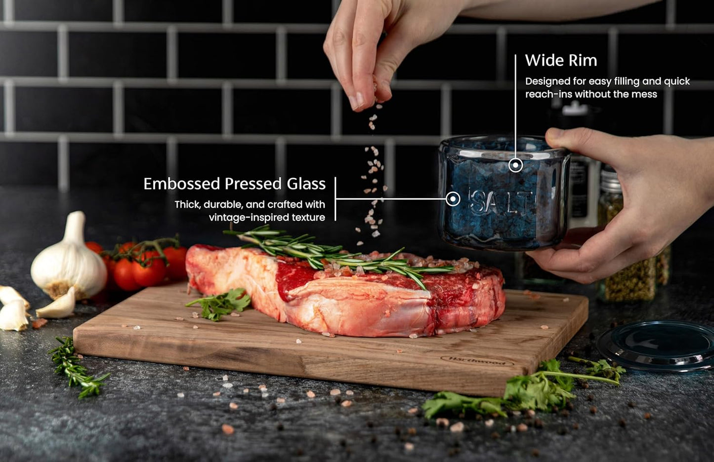 KooK Glass Salt Cellar, with Lid, Embossed Pressed Glass, Clear Storage Container, for Coffee, Sugar, Spices and Candies, Hand Wash Only, 10 oz, (Navy Blue)