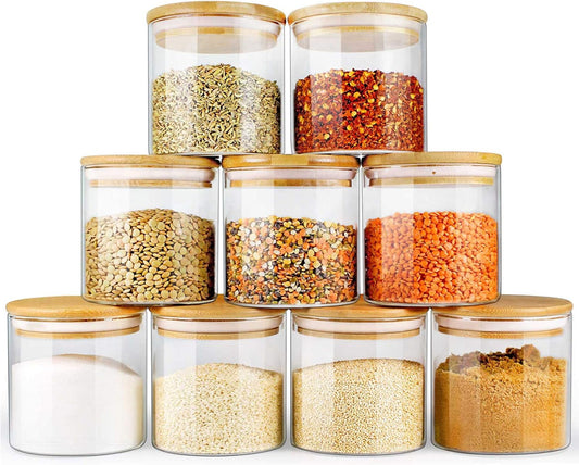 Glass Jars with Bamboo Lids (16oz in 9 Pack), Food Jars and Canisters Sets with lids, Food Storage Jars with Airtight Lids, Glass Pantry Jars
