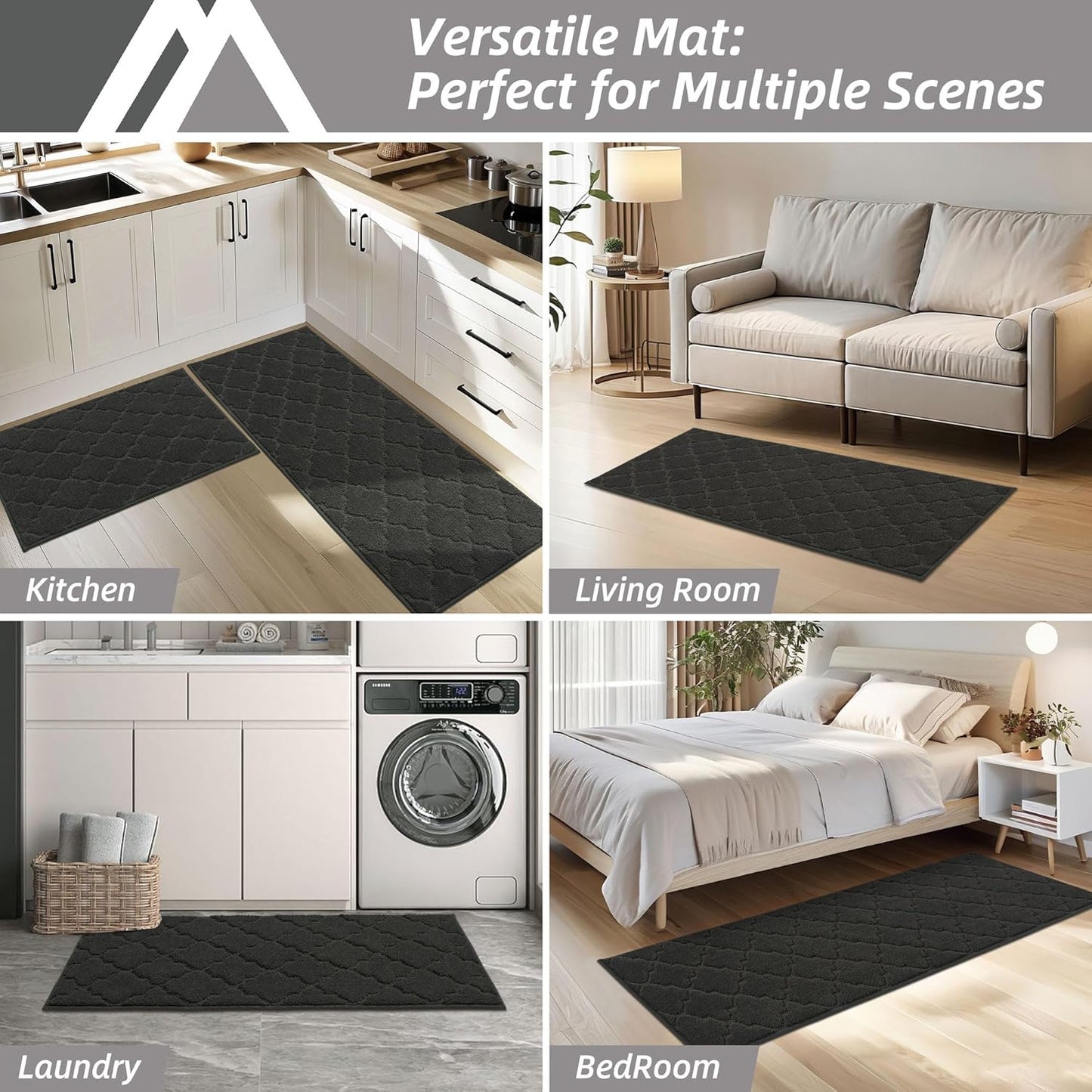 COSY HOMEER Soft Kitchen Rugs [2 PCS] for in Front of Sink Super Absorbent Kitchen Floor Mats and Mats 20x30 Inch/20X48 Non-Skid Kitchen Mat Standing Mat Washable,Polyester,Black