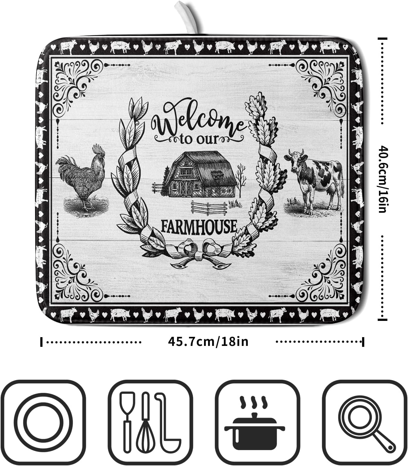 Farm Animal Dish Drying Mat 16x18 Inch Welcome to Our Farmhouse Microfiber Dish Drainer Pads Absorbent Fast Dry Kitchen Accessories