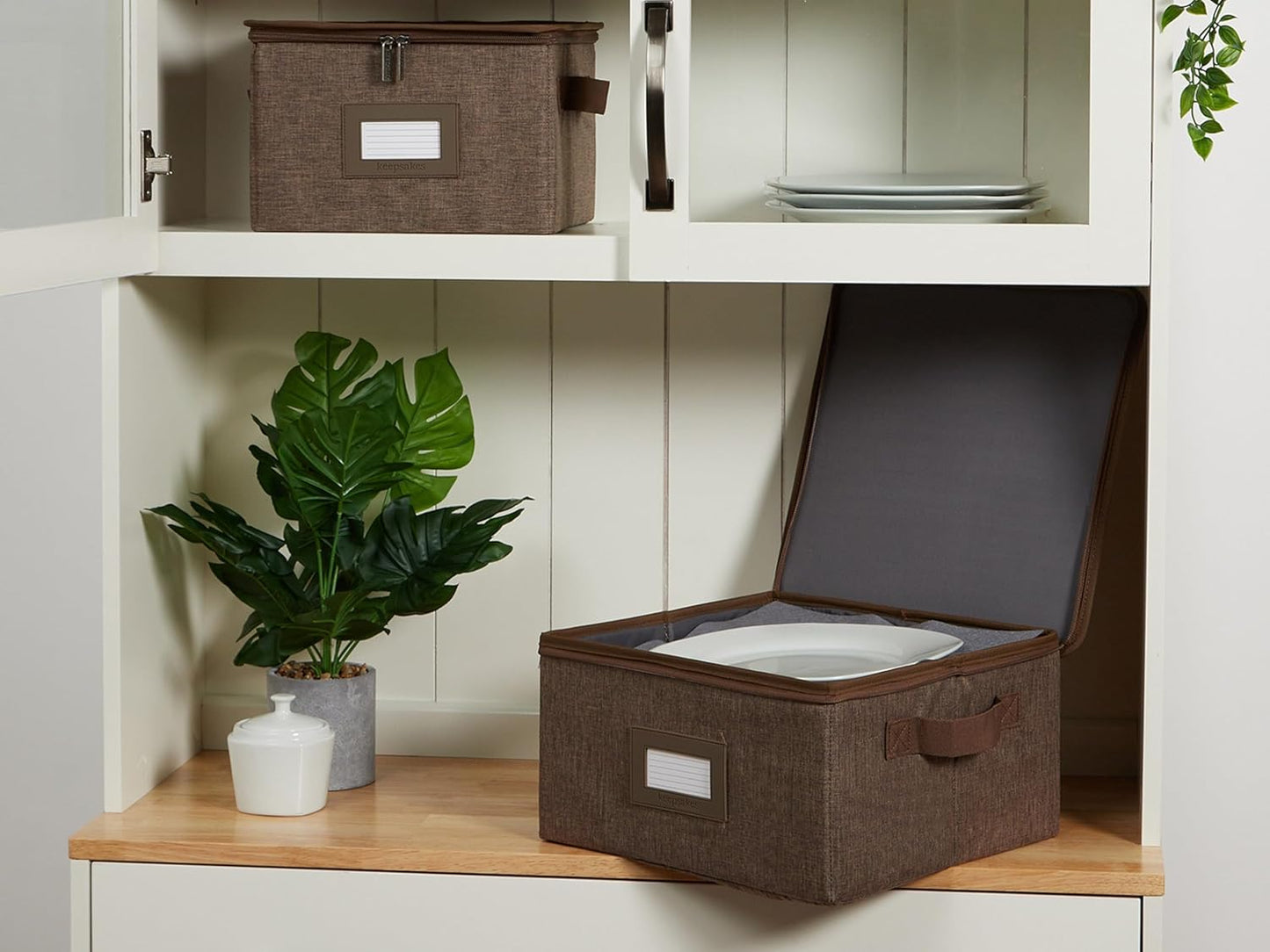 Covermates Keepsakes Dish Storage Box - Stackable, Reinforced Handles, China Storage, Brown Heather