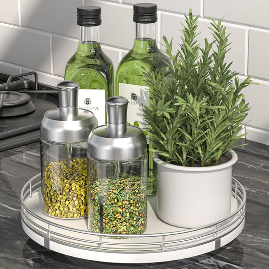 9" Oak Wood Lazy Susan Organizer, Lazy Susan for Cabinet Dining Table Pantry Wood Turntable Organizer Tray for Coffee Table Kitchen Countertop Salt Pepper Spice Organization and Storage Round Silver