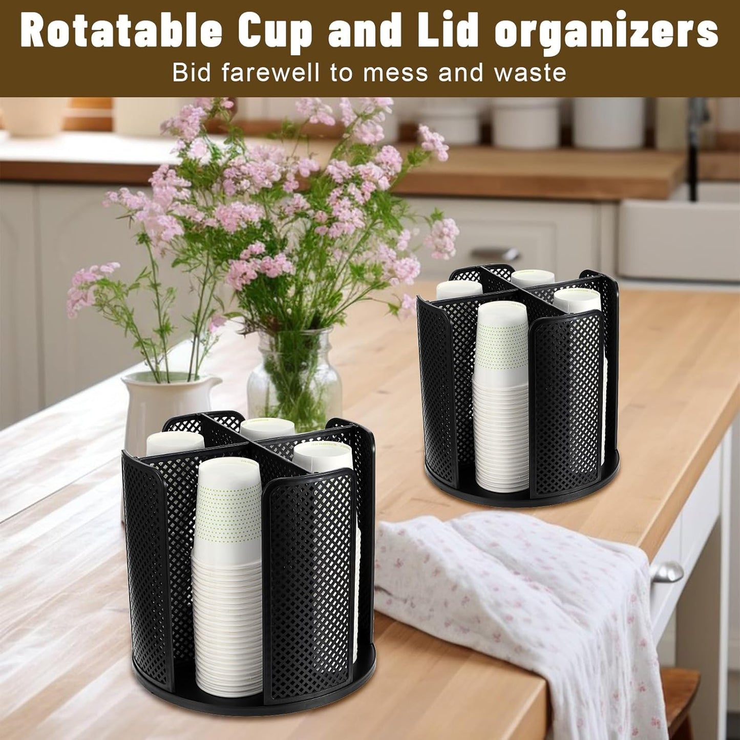 2 Pcs Rotating Paper Cup Dispenser, Cup Holder with 4 Compartments, Disposable Coffee Cup Dispenser Removable, Plastic Cup Storage & Lid Holder for Countertops, Kitchen, Coffee Stations (Black)