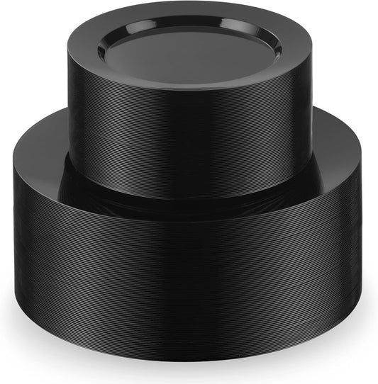 Munfix 100 Black Plastic Plates Set, 50 Pcs 10 Inch Plastic Dinner Plates and 50 Pcs 7 Inch Plastic Dessert Plates, Elegant Fancy Heavy Duty Disposable Plates for Party, Wedding, Black